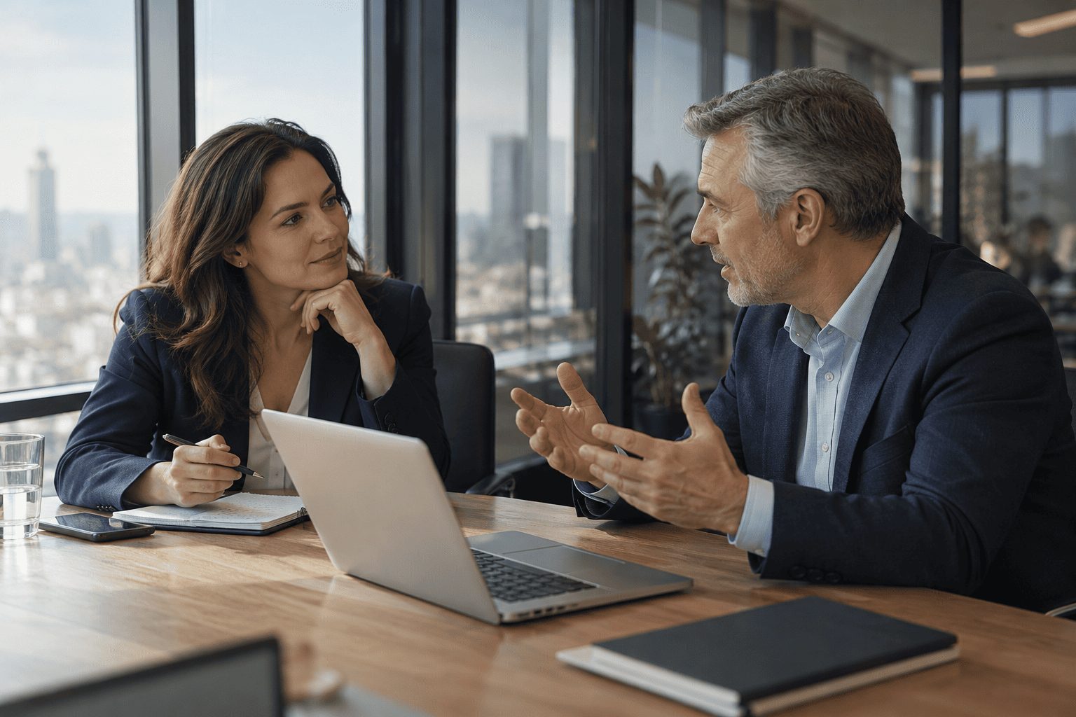 A client discussing a project with an experienced industry expert in a meeting room